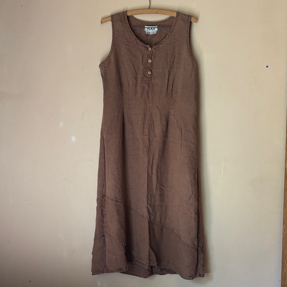 FLAX Brown Linen Button Front Dress, M - Picture 3 of 7